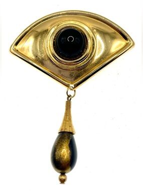 Vintage Eye Brooch Gold Tone Black Cabochon Dangle Statement Pin